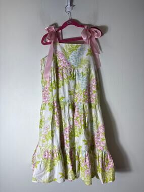 Girls Vintage Kelly's Kids pink blue and green floral print bow tie dress size 8